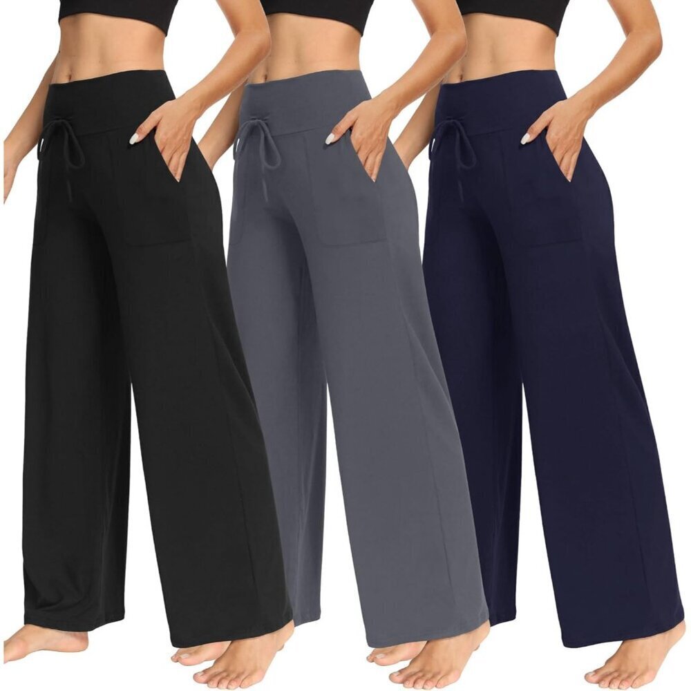 3 Pack Women's Wide Leg Pants with Pockets - Casual Loose Yoga Trouser Pants Swe
